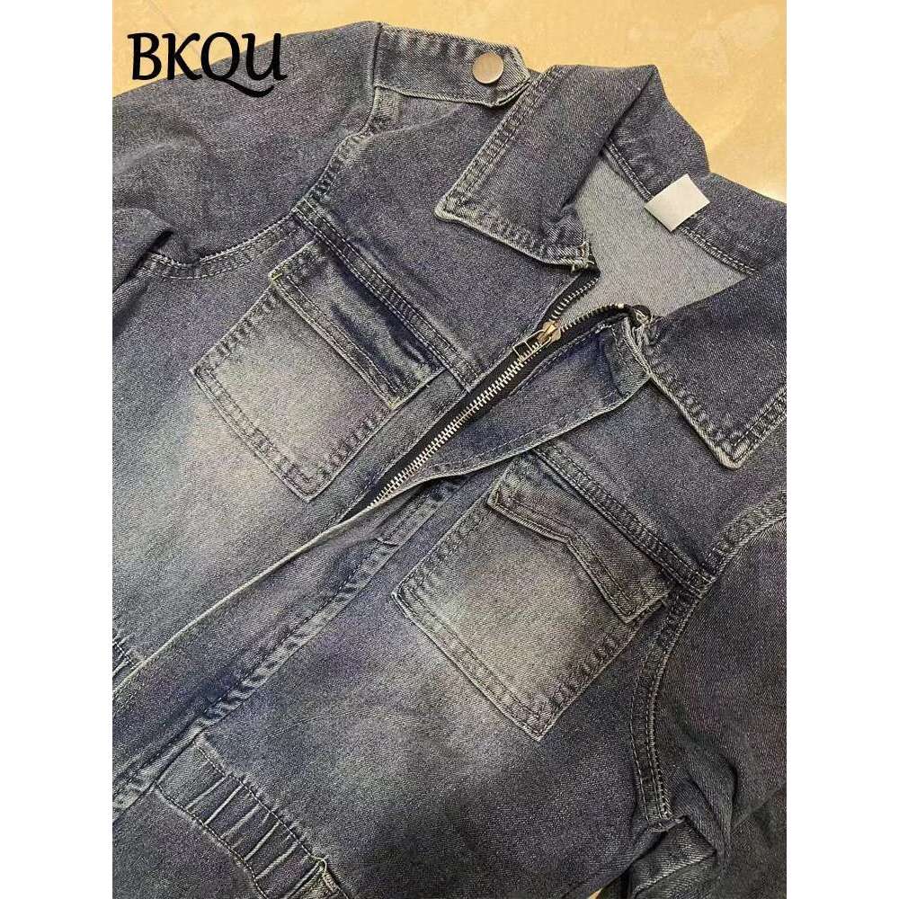 Designer Clothes BKQU Denim Cargo Jumpsuit Women Pockets Patchwork Fashion Lapel Zipper Jean Stretch Overalls Playsuit Fall Winter Y2k Streetwear