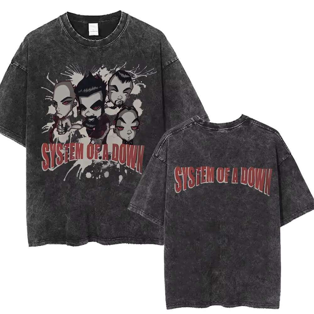 Washed Vintage System o Down Tshirt Men Women Cotton Quality Short Sleeve Tees Male Rock Music Band Cartoon Graphic T Shirts