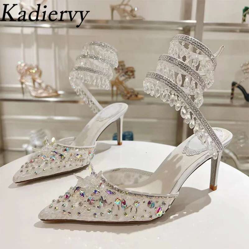 Summer High Heels Women Crystal Pendant Snake Twine Around Ankle Strap Party Shoes Pointed Toe Mesh Pumps Sandals Woman