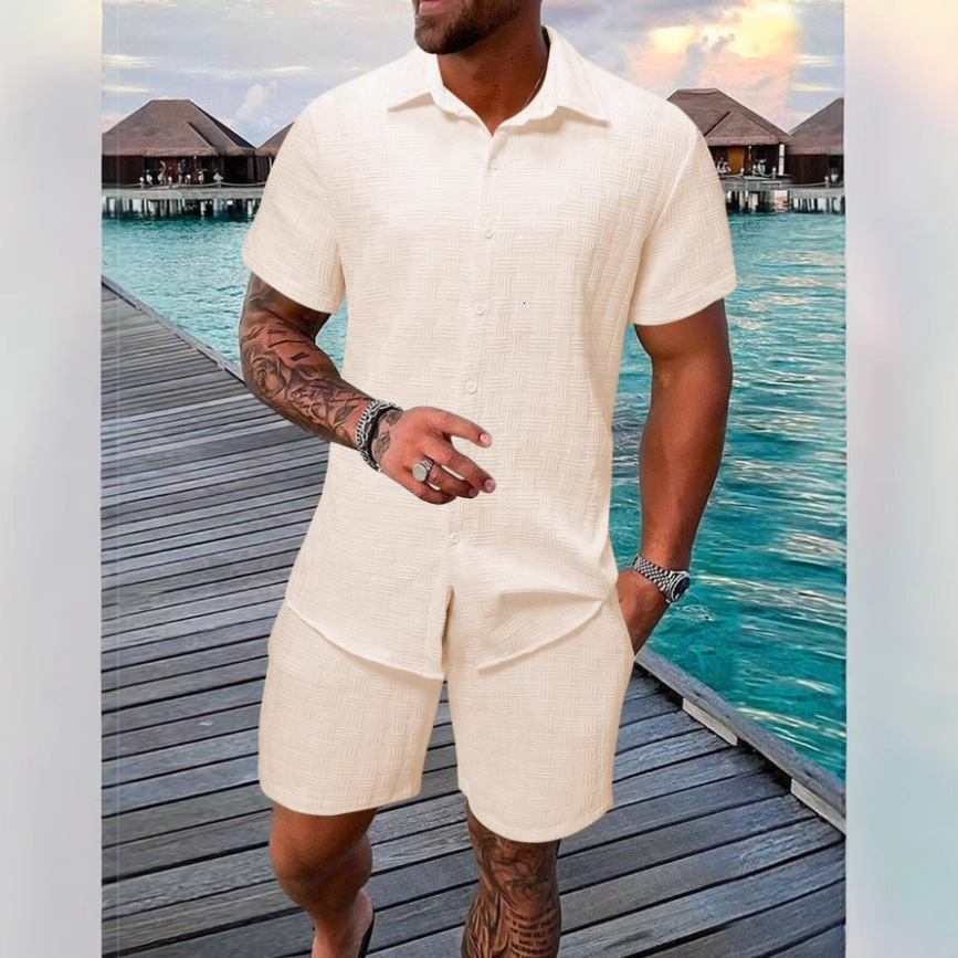 Summer mens suit jacquard black and white solid color suit short sleeved mens vacation casual style shirt base men