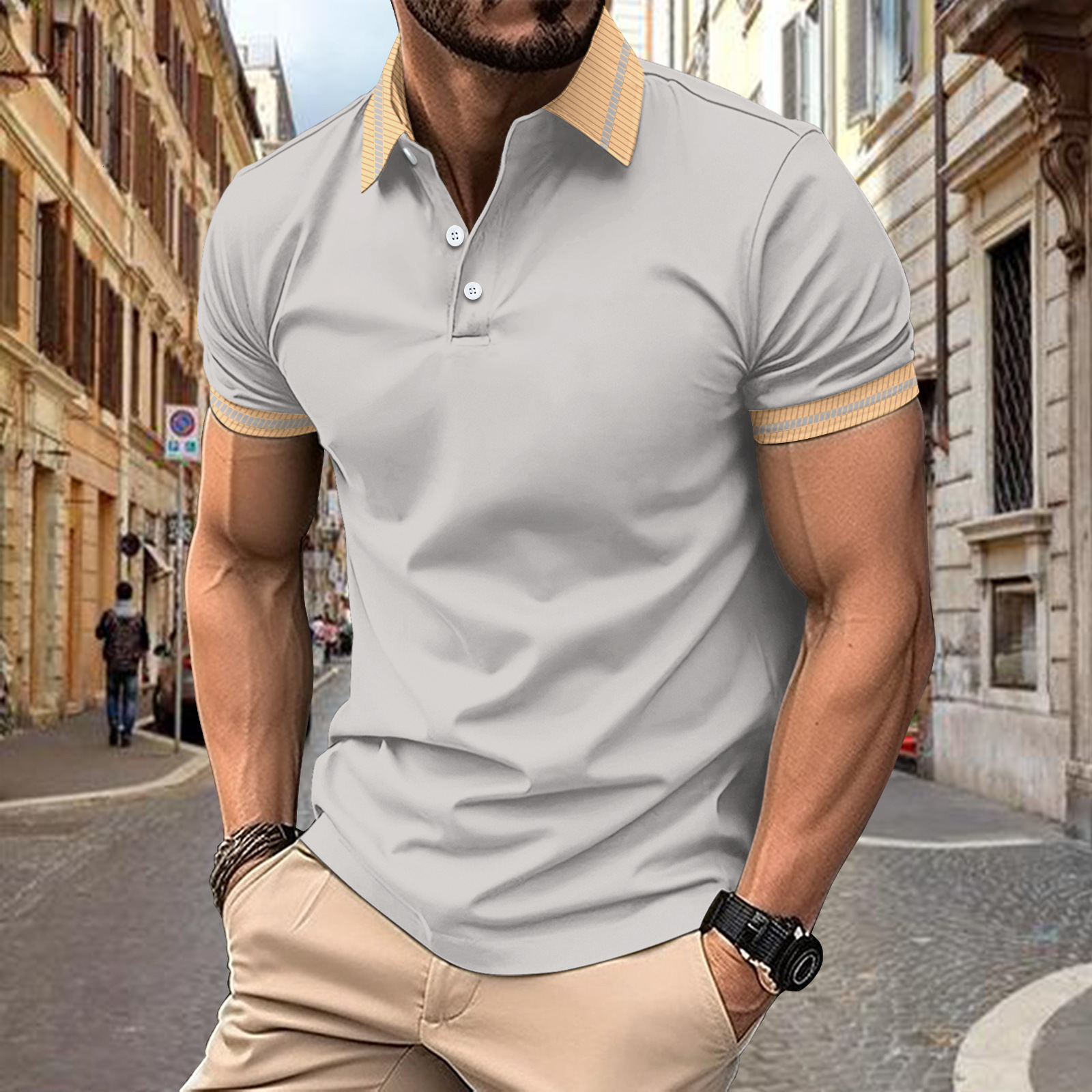 Summer Speed Sale Fashion Mens Polo Shirt Color blocked Button Mens Sports Polo Shirt