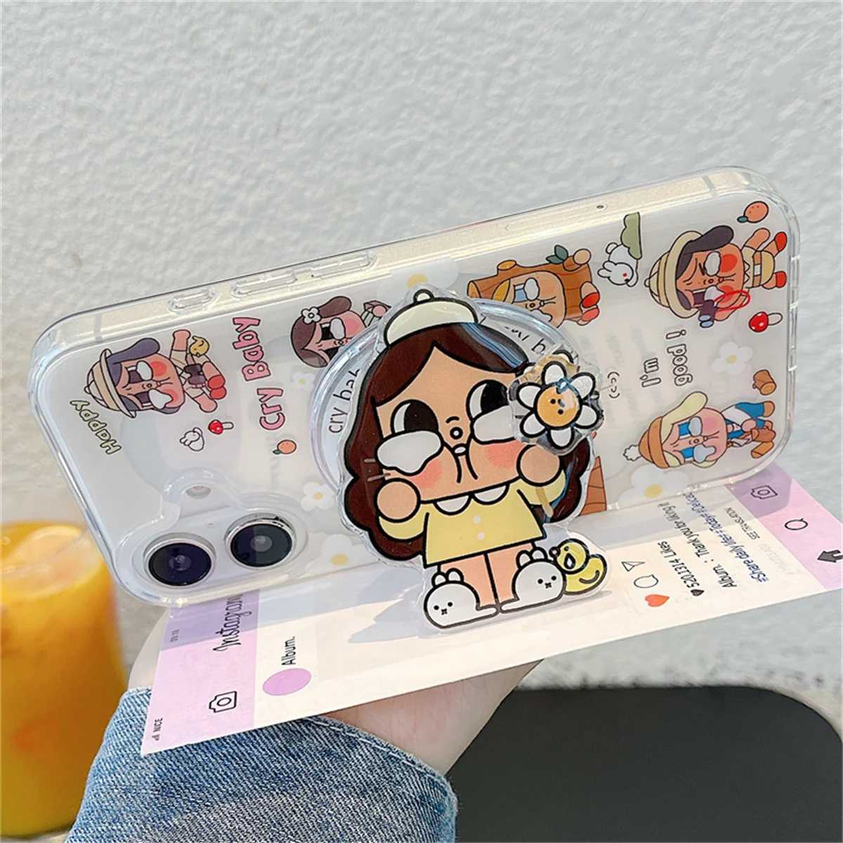 Kawaii Cartoon Cry Girl Magnetic Phone Case For iPhone 16 Pro 15 14 13 Pro Max Cover with Stand Holder Shockproof Protective Cas J251202
