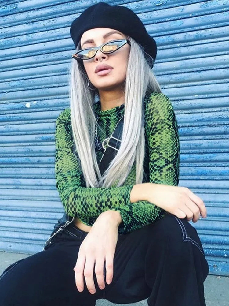 Casual Green Snake Print T Shirt Women Mesh Top Long Sleeve Transparent Snakeskin Female T-shirt High Neck Crop Tops 250415