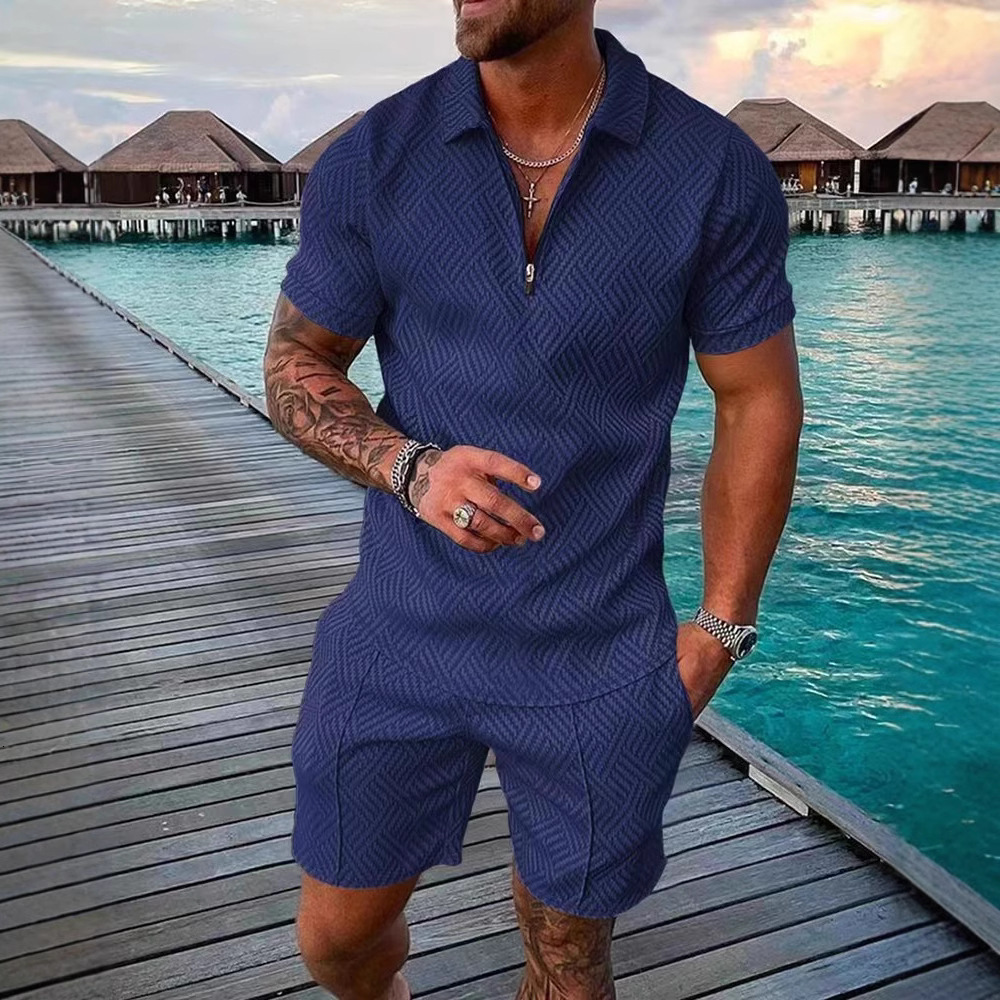 Summer fashion printed mens polo shirt set with collar and short sleeved casual two-piece set