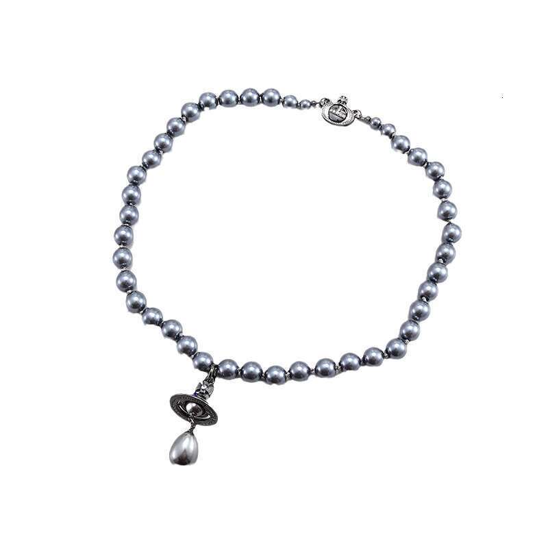 Empress Dowager Xi's Single Layer Gray Pearl Necklace With Three Dimensional Saturn UFO Water Droplet Pendant, Light And Clavicle Chain For Women