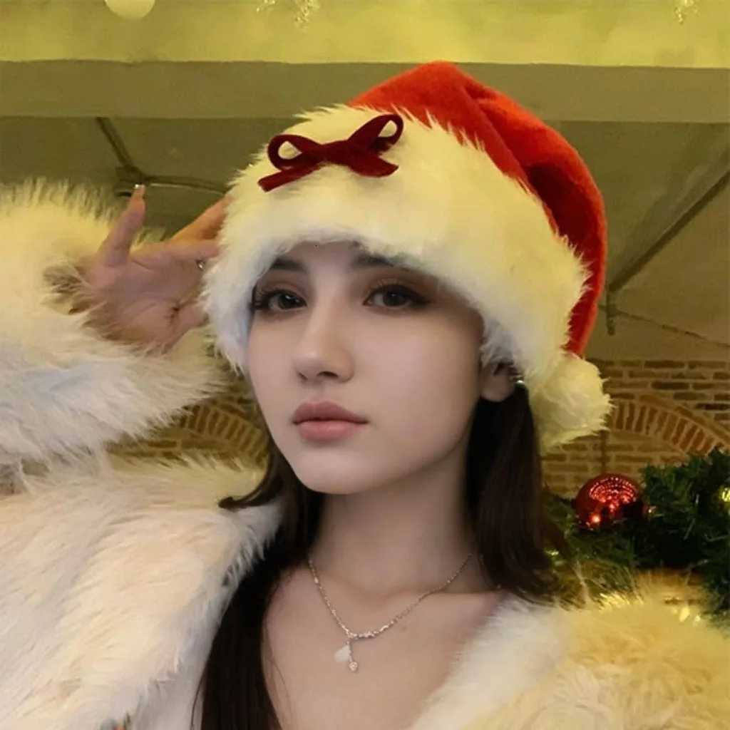 New Arrival Black Plush Folded-edge Christmas Hat with Cute Bow-knot Ideal Winter Accessory for Girls and Women Y251115
