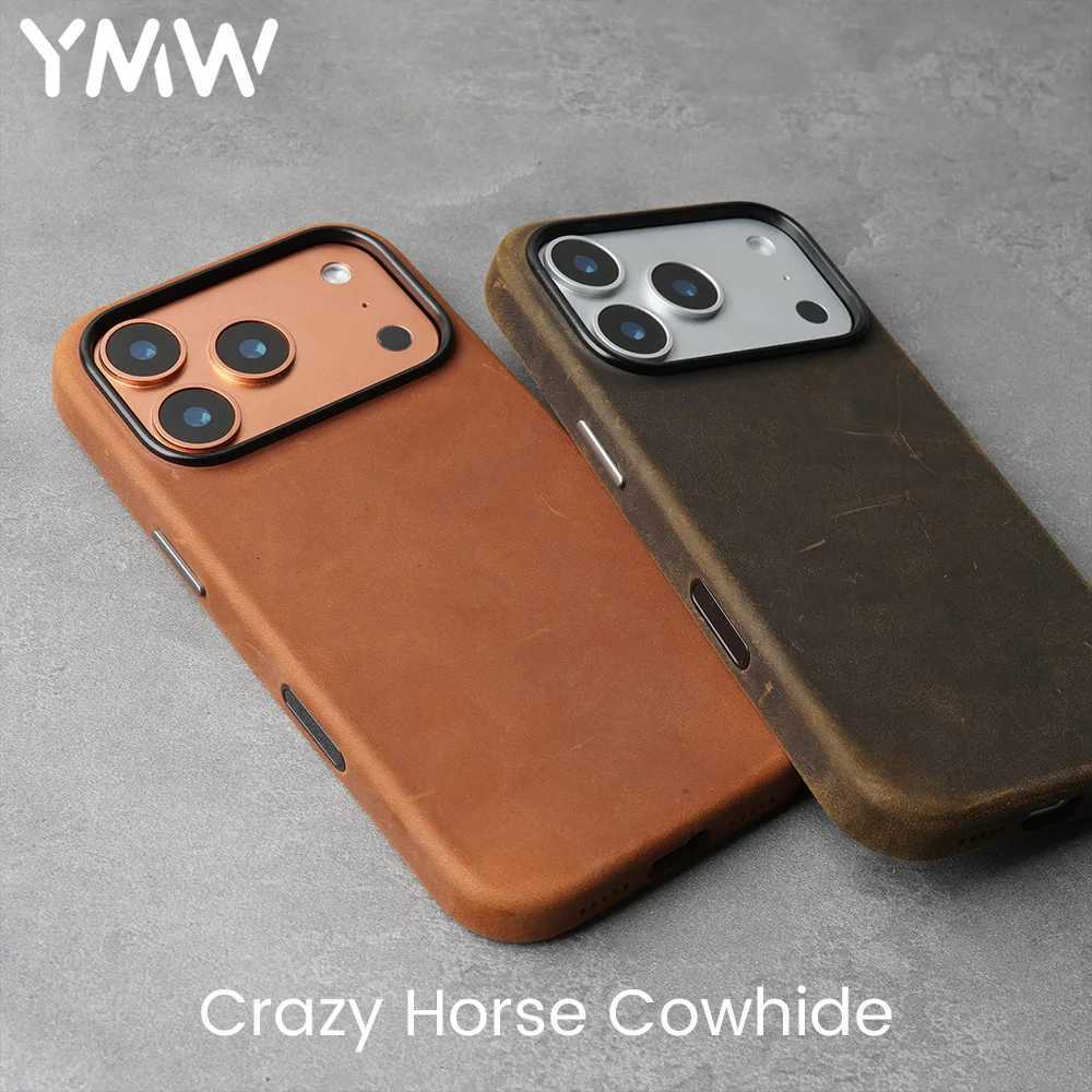 YMW Scratc Crazy Horse Genuine Leather Case for iPhone 17 16 15 Pro Max Magnetic PL-UP Cowhide Phone Cover H251115