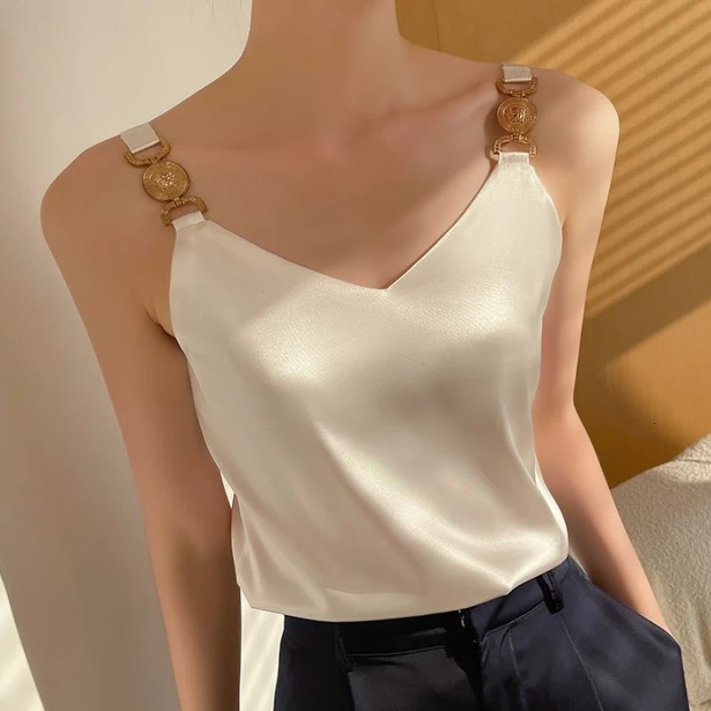 Black satin vest Vneck solid fashionable sleeveless warm and elegant silk spaghetti backless sexy top for summer 2024 250414Z