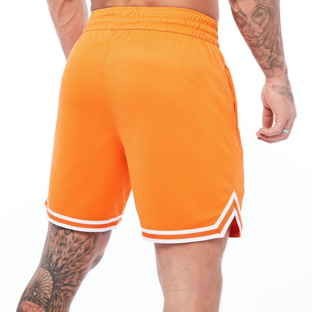 Mens breathable basketball shorts orange mesh fitness sports casual exercise quick drying gym 250414