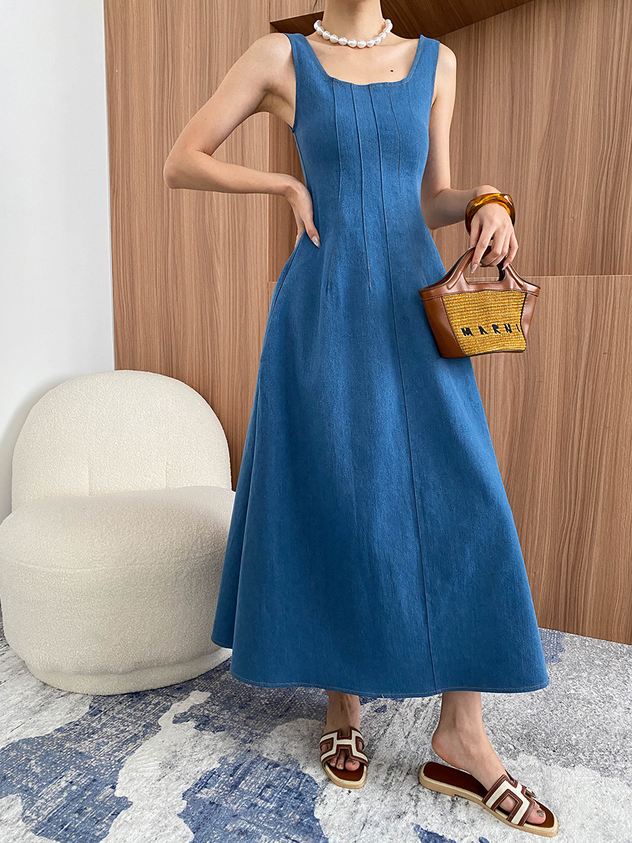 G2145 High Quality New Style Reversible Square Neck French Split Line Waist Denim Dress
