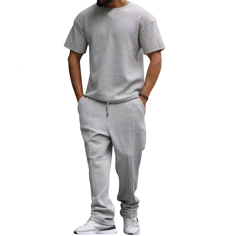 Men's short sleeved and long pants set, waffle oversized round neck casual set