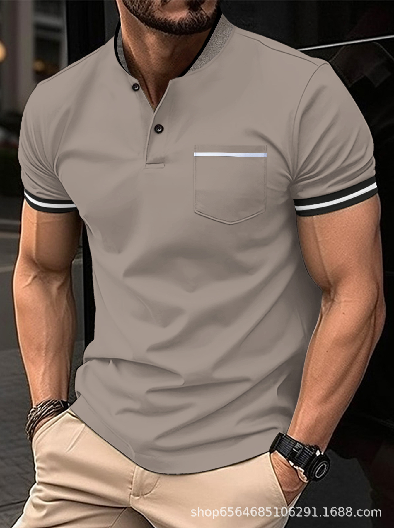 Spring Fashion Mens Short Sleeve Solid Color Stand up Collar Pocket Henley Shirt Polo Shirt