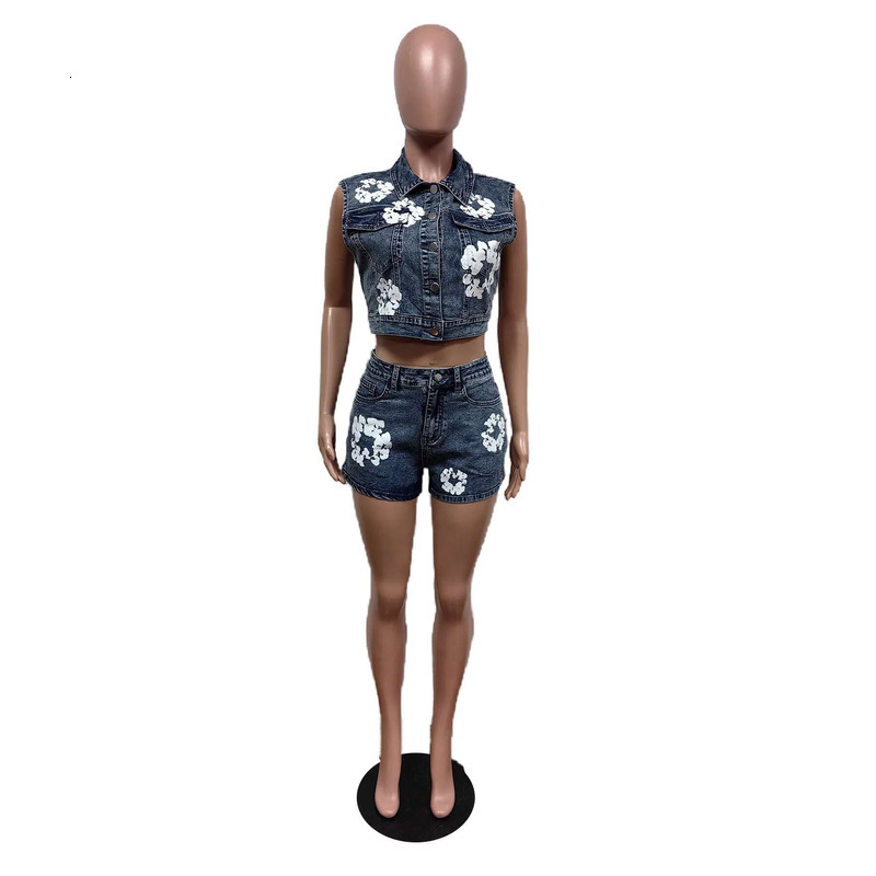 Streetwear Summer Jeans Short Pants Outfit Set Sexy Women Elegant Two Pieces Denim Club Matching Top+Shorts
