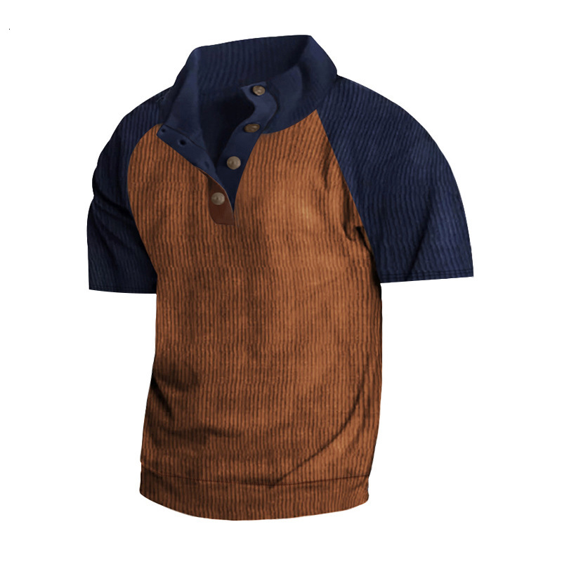 Summer Outdoor Raglan Short Sleeve Casual Stand up Neck Sports Corduroy T-shirt Men's Wear