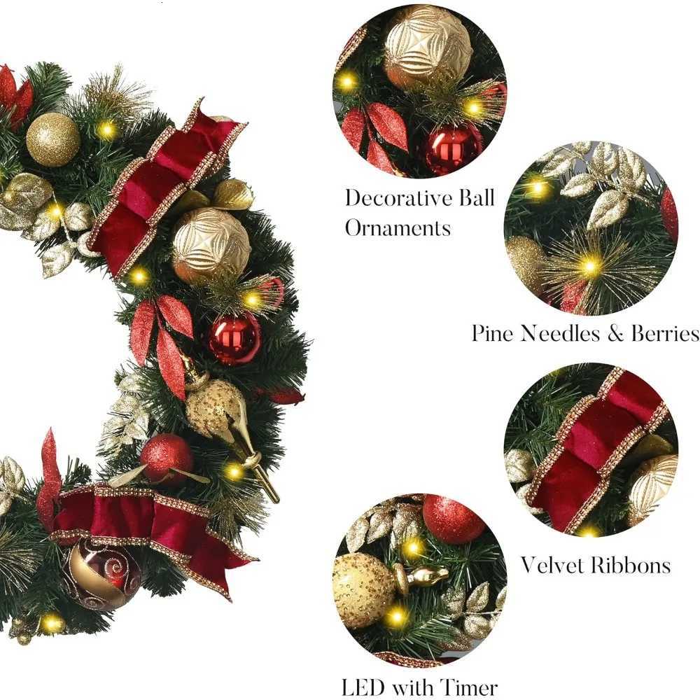Pre-Lit 24 Inch Christmas Wreath for Front Door Large Outdoor Holiday Wreath with Red and Gold LightsM251115