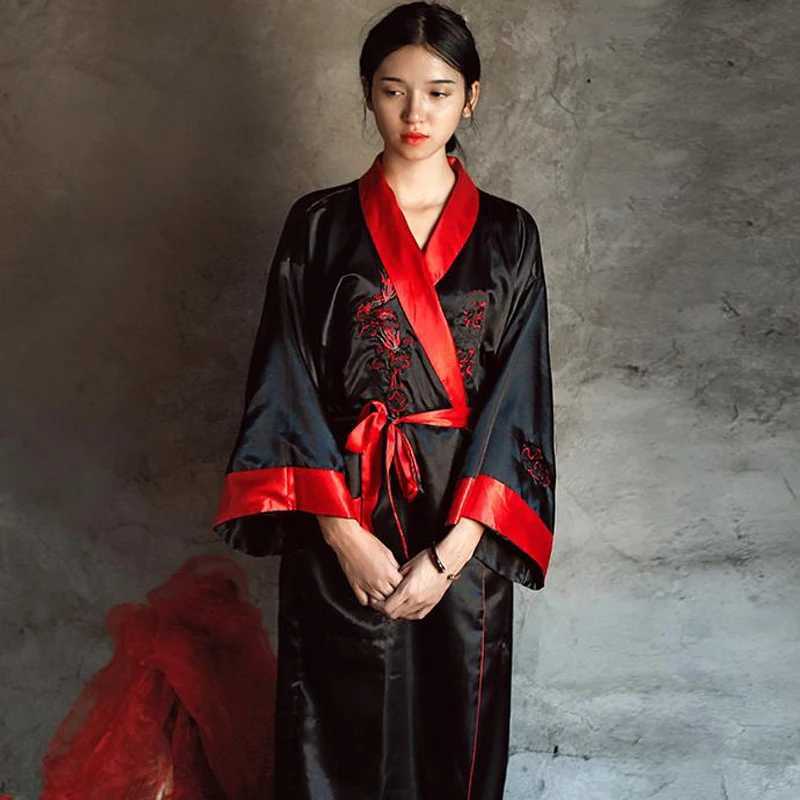 Novelty Reversible Black Red Women Kimono Yukata Satin Embroidery Dragon Nightgown One Size Robe Gown Two Side Sleepwear C251115