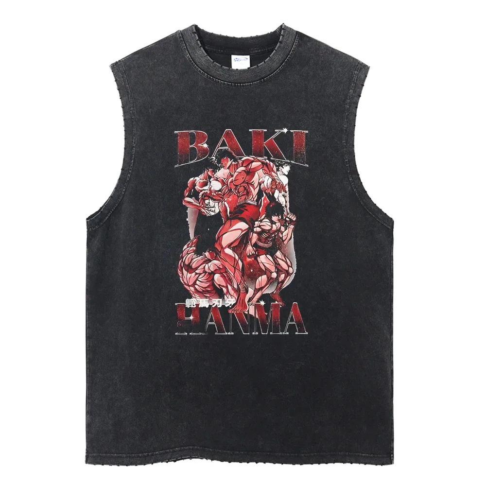 Harajuku Streetwear Washed Anime Print Tank Tops Fashion Ripped Casual Vest Men Summer Sleeveless Cotton Vintage Vest Tee Unisex 250415