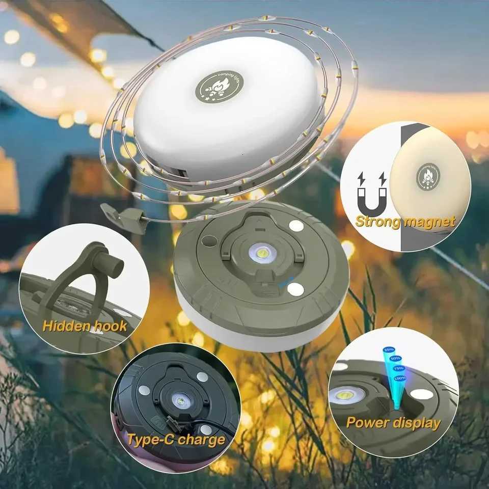 Rechargeable 4-in-1 Camping String Light - RGB/Warm LED Reel w/8 Modes Magnet Hook Waterproof Lantern for Tent/Garden/Outdoor M251115