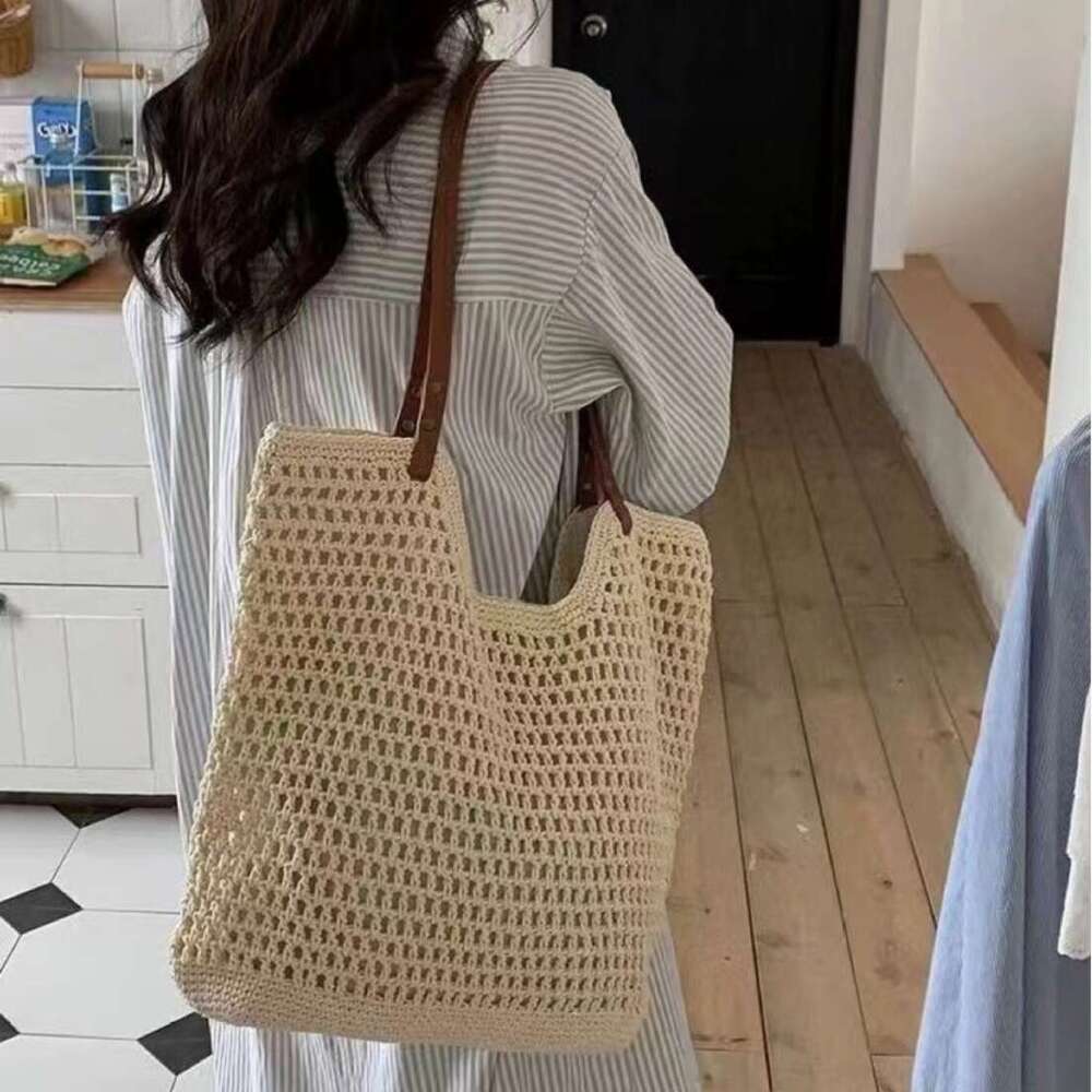 Handmade Beach Bag Leisure High-Capacity Single Shoulder Cotton Woven New Hollow Mesh Tote Seaside Vacation Beach Bag, Women's Bag Kq2