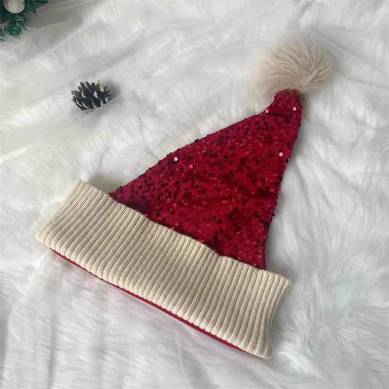 Santa Hat Christmas Hats Xmas Party Hat Red Glitter Knitted Beanie Hat For Adult Women Men New Year Decor Party Supplies Y251115