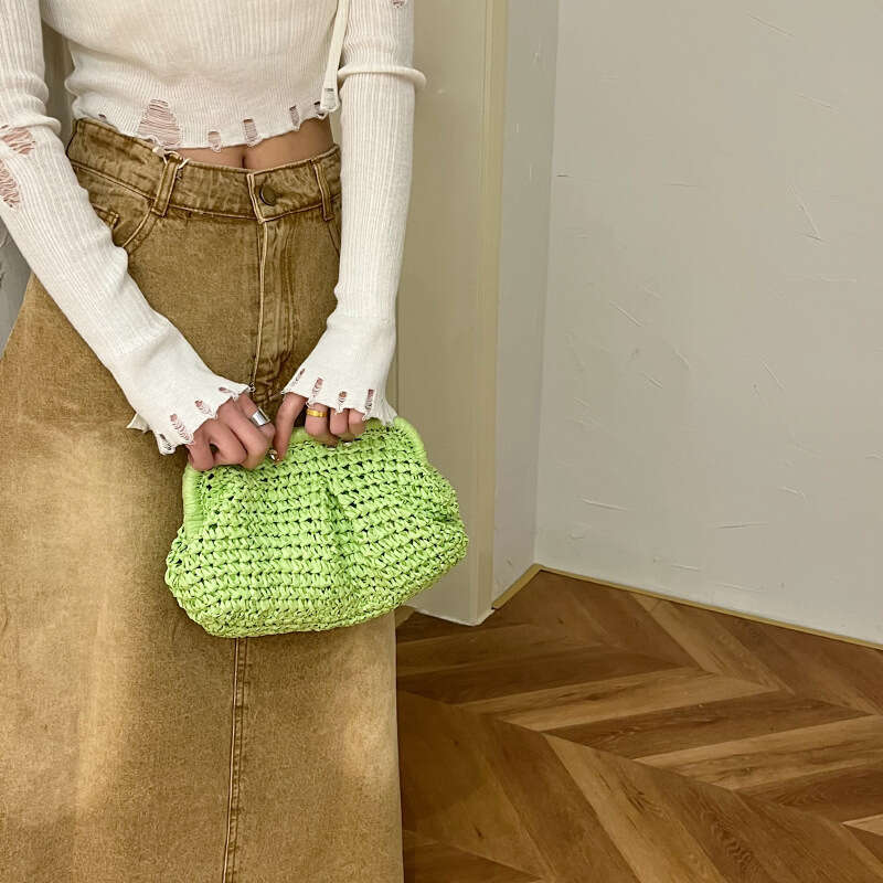Handmade Beach Bag A Niche Design Forest Style Grass For Women's Spring And Summer 2024 New Fashionable Beach With Crossbody Woven Clip Bag Kq2
