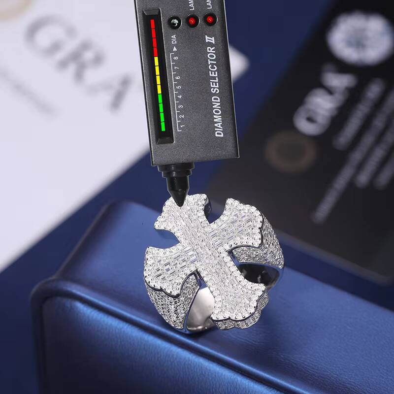 Wholesale High Quality Micro VVS Baguette Moissanite Cross Ring White Gold 925 Sterling Silver Hip Hop Rappers Jewelry for Men