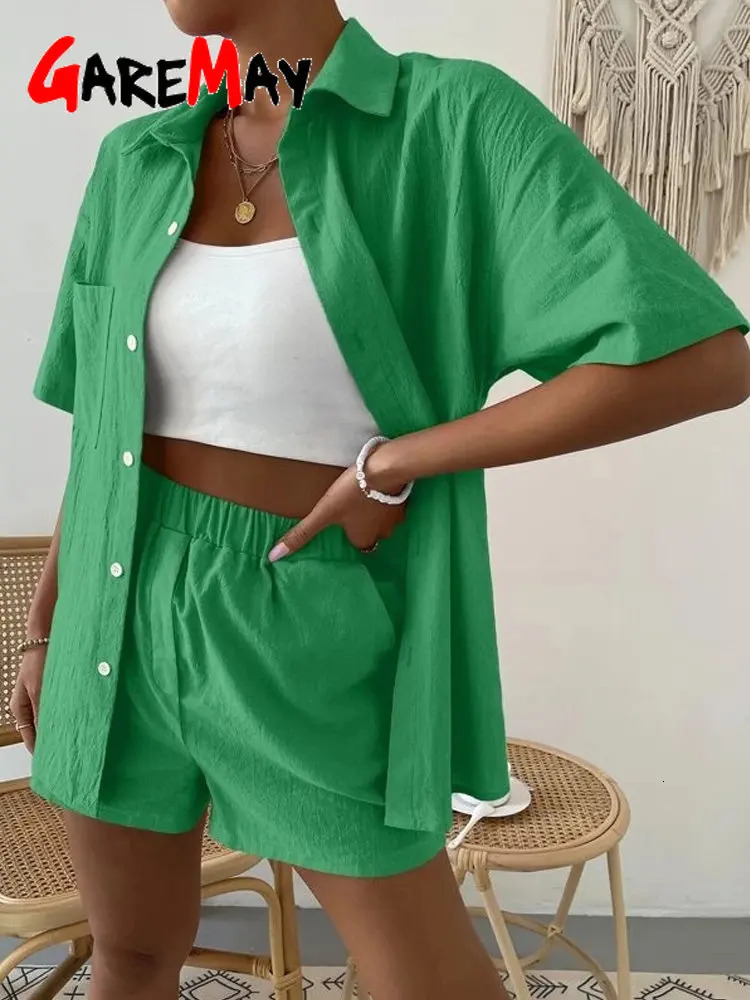 Womens Cotton Suit Short Sleeve Casual Elegant Green Soild Two Piece Set Women Outfit Suit Shorts and Shirt for Women 250415