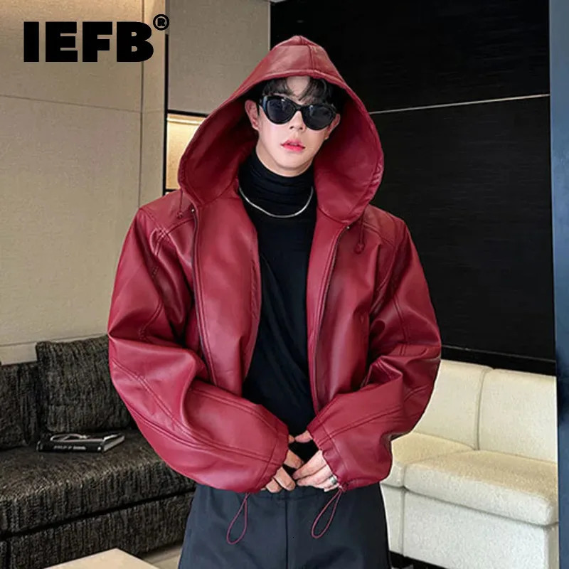 IEFB American Style Mens Jackets Casual Pu Leather Drawstring Hooded Solid Color Loose Male Coats Personalized Autumn 9C7986 250409