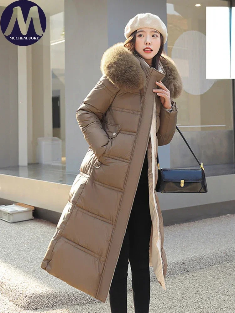 Womens Slim Fit Long Parkas Hooded Jackets Fur Collar Below The Knee Korean Fashion Warm Coats Autumn Winter 251110 - view 4