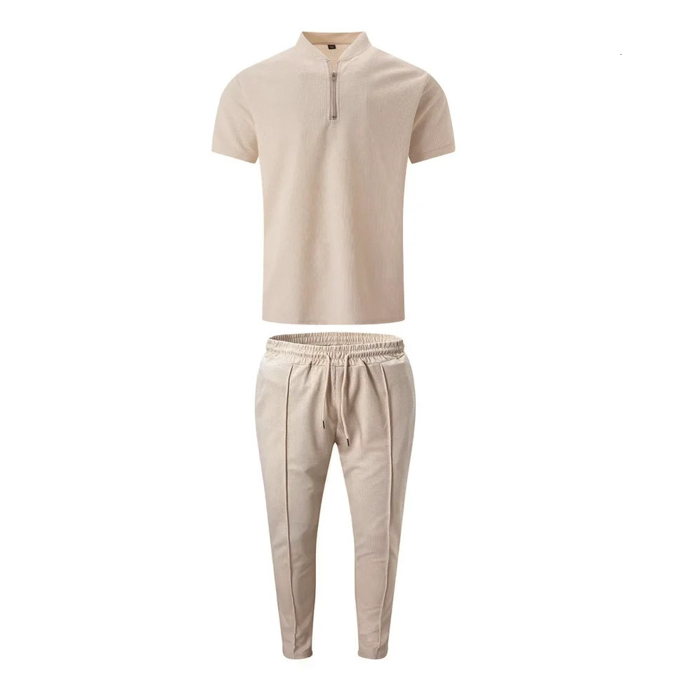 Mens Spring Style Young and Fashionable Stand up Collar Solid Color Zipper Short SleeveCasual Pants Two Piece Set 250414