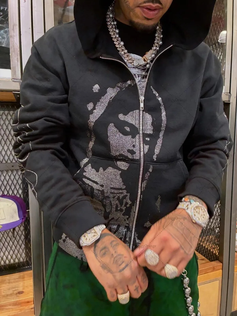 Street Hip-hop Casual Retro Black Loose Zipper Hoodie Men Summer American Y2K Harajuku Punk Goth Fashion Oversized Sweatshirt 251113