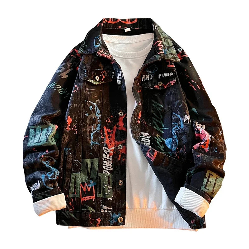 Hip Pop Leter Graffiti Denim Jacket Mens Fashion Spring Punk Wear Korean Kpop Trend Slim Top Unisex Handsome Casual Jeans Coat 250409