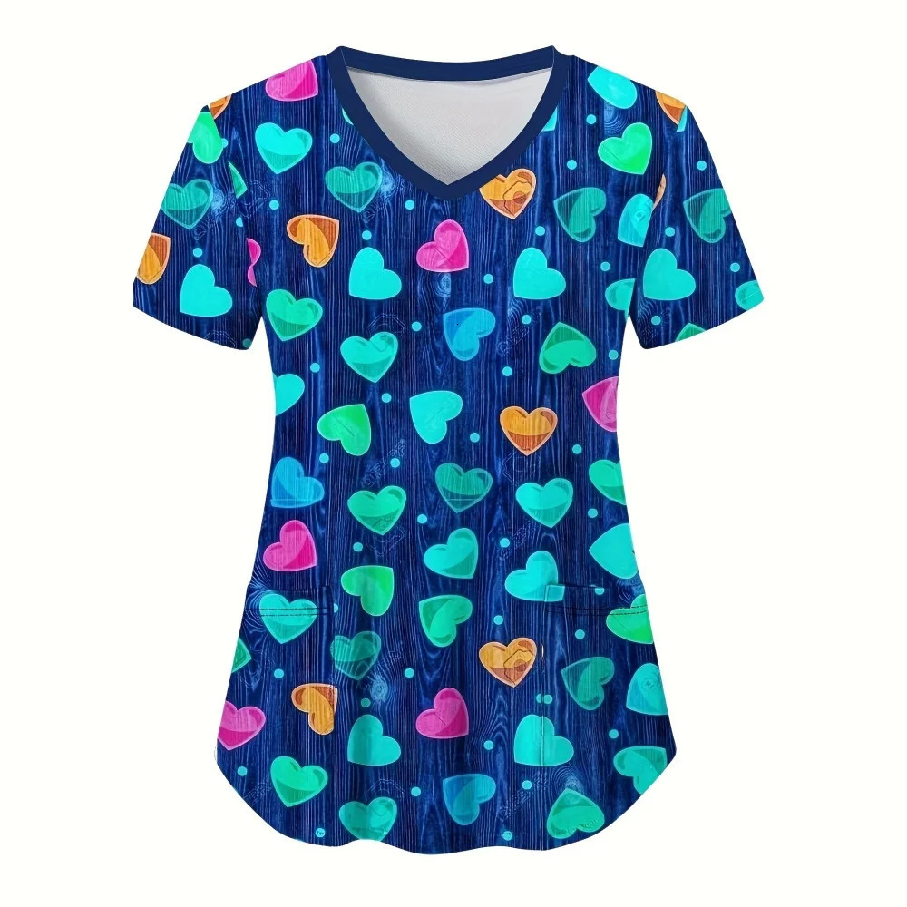 Clinical Uniform Woman Elegant Heart Print Health Care Scrub Uniform Trends V-Neck Short Sleeve Dental Nursing Uniform for Women 250415