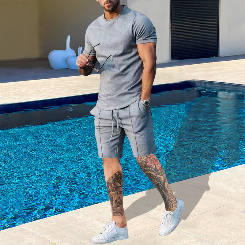 2025 Men's Wear Summer Sports and Leisure Solid Color Round Neck T-shirt Short Sleeve Set for Men