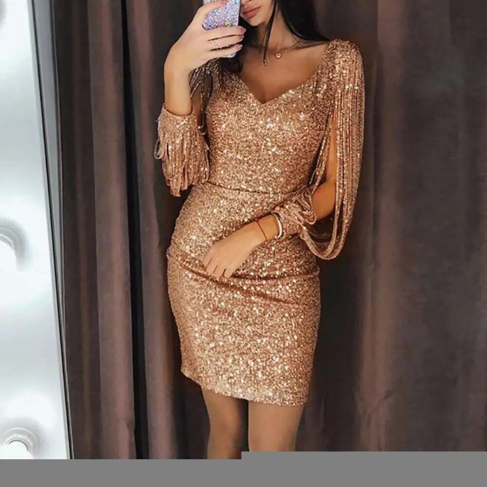 Mini Glitter V Neck Hollow Out Tassel Long Sleeve Bodycon Gown Sexy Hip High Waist Dress Women Elegant Party Dress