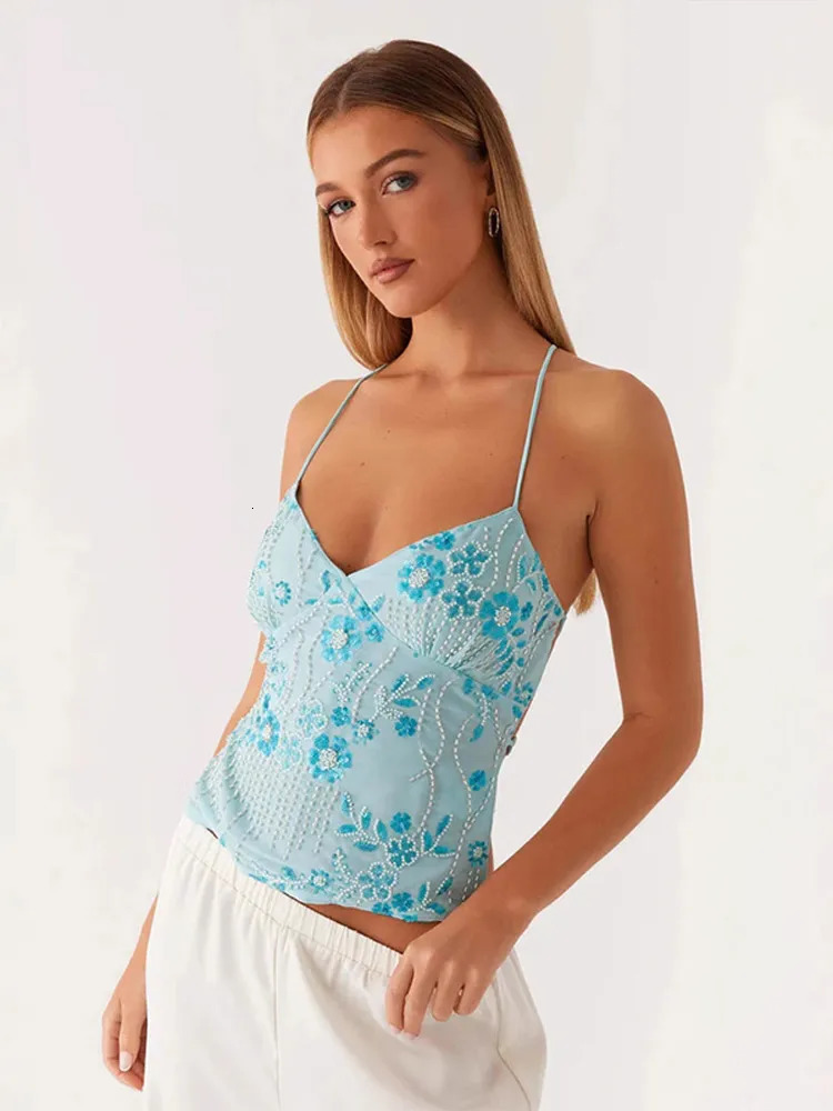 Fashion sequin ultra-thin vest for womens sexy sleeveless shoulder decal print womens summer vacation beach wear 250415