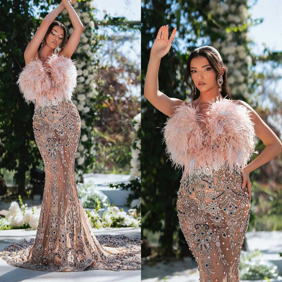 Mermaid Prom Gown O-Neck Evening Dress Crystal Party Dresses Feather Sleeveless Bridal Gowns Robes De Mariee Size Customized L241622