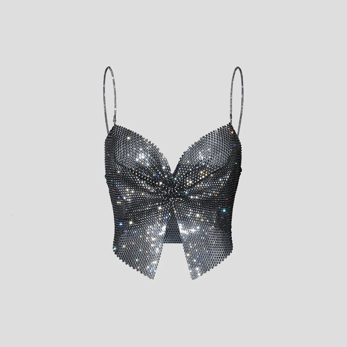 Summer Women Elastic Fishnet Crop Top Glitter Rhinestone Mesh Fine Flash Shoulder Strap V Neck Tank Top Rave Festival Camisole 250415