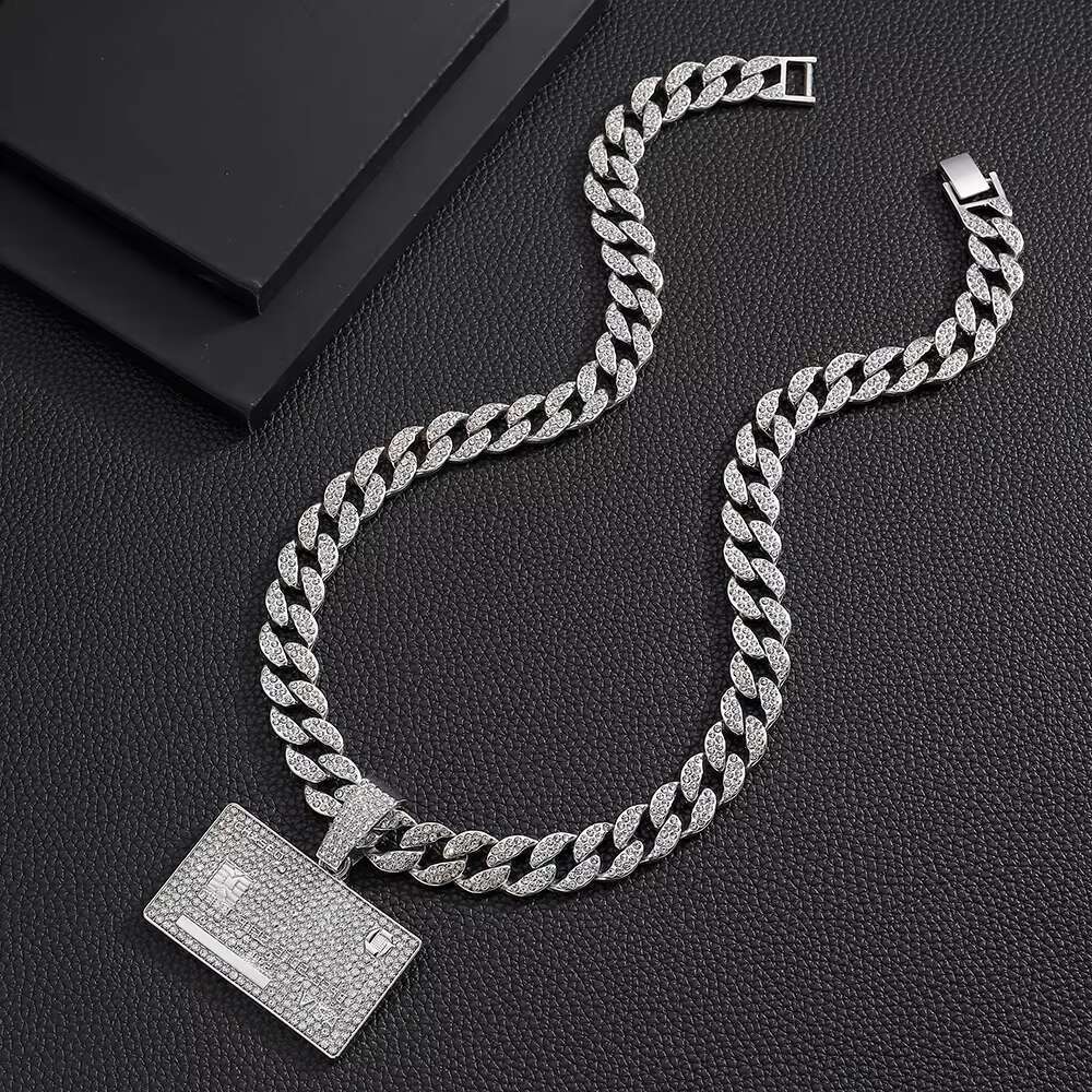 DHcollections Iced Out 15MM Men's Cuban Miami Chain With Alloy And Hip Hop Rhie Square VISA Pendant Necklace