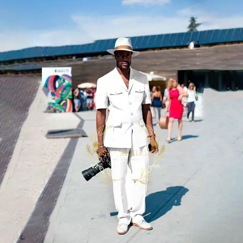 Fashion 2piece sky blue linen summer mens wedding dress suitable for grooms evening gown casual beach short sleeved suit jacket pants 250414