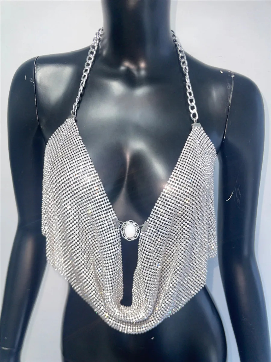 gemstone n womens tank top summer backless deep Vneck pendant neck crop 2024 vocal concert night girl costume 250414