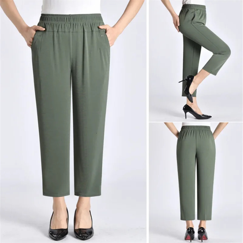 6XL 7XL 8XL womens summer pants plus size elastic high waist casual nine for middleaged and elderly women straight mom 250414