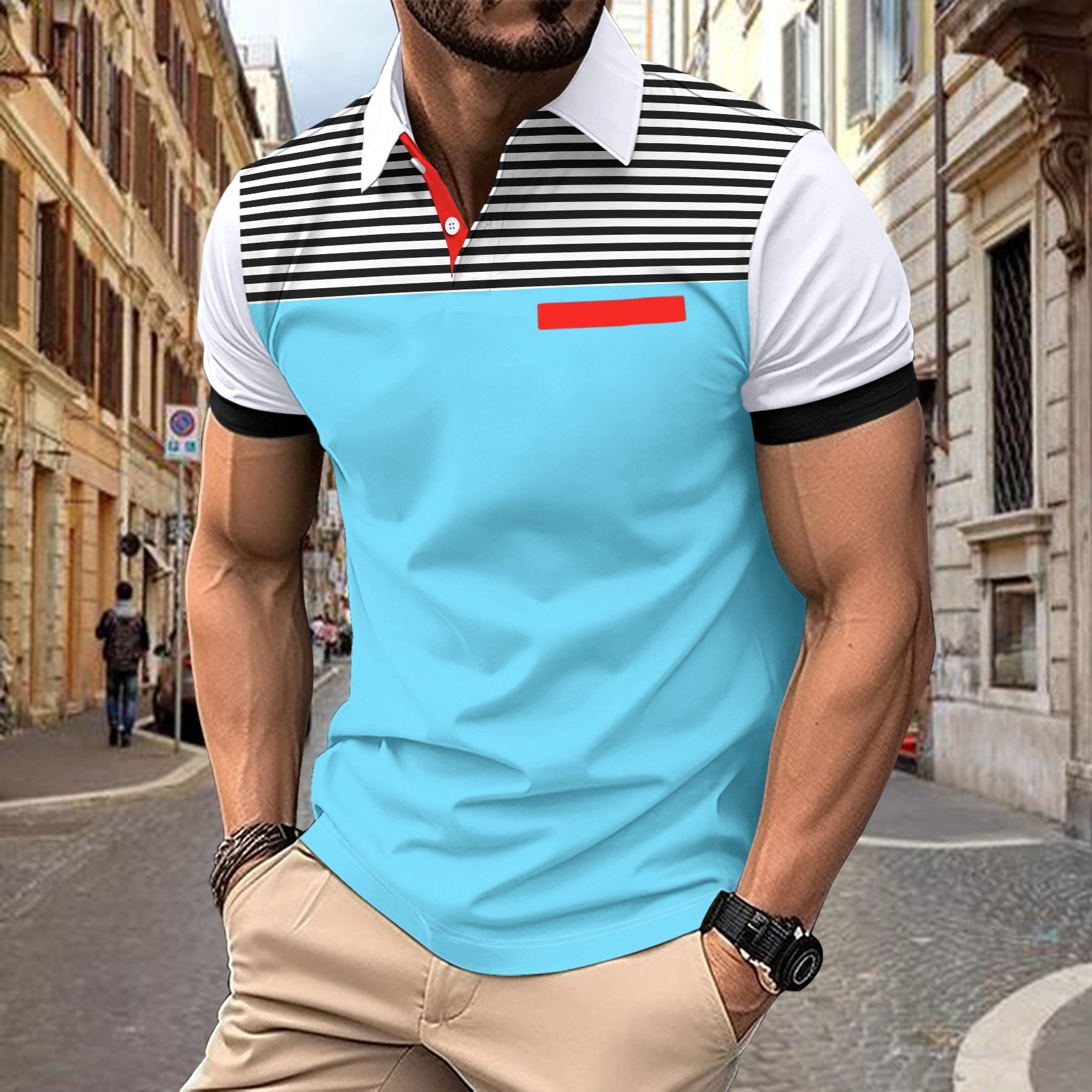 Summer new mens polo shirt casual breathable striped printed short sleeved polo shirt