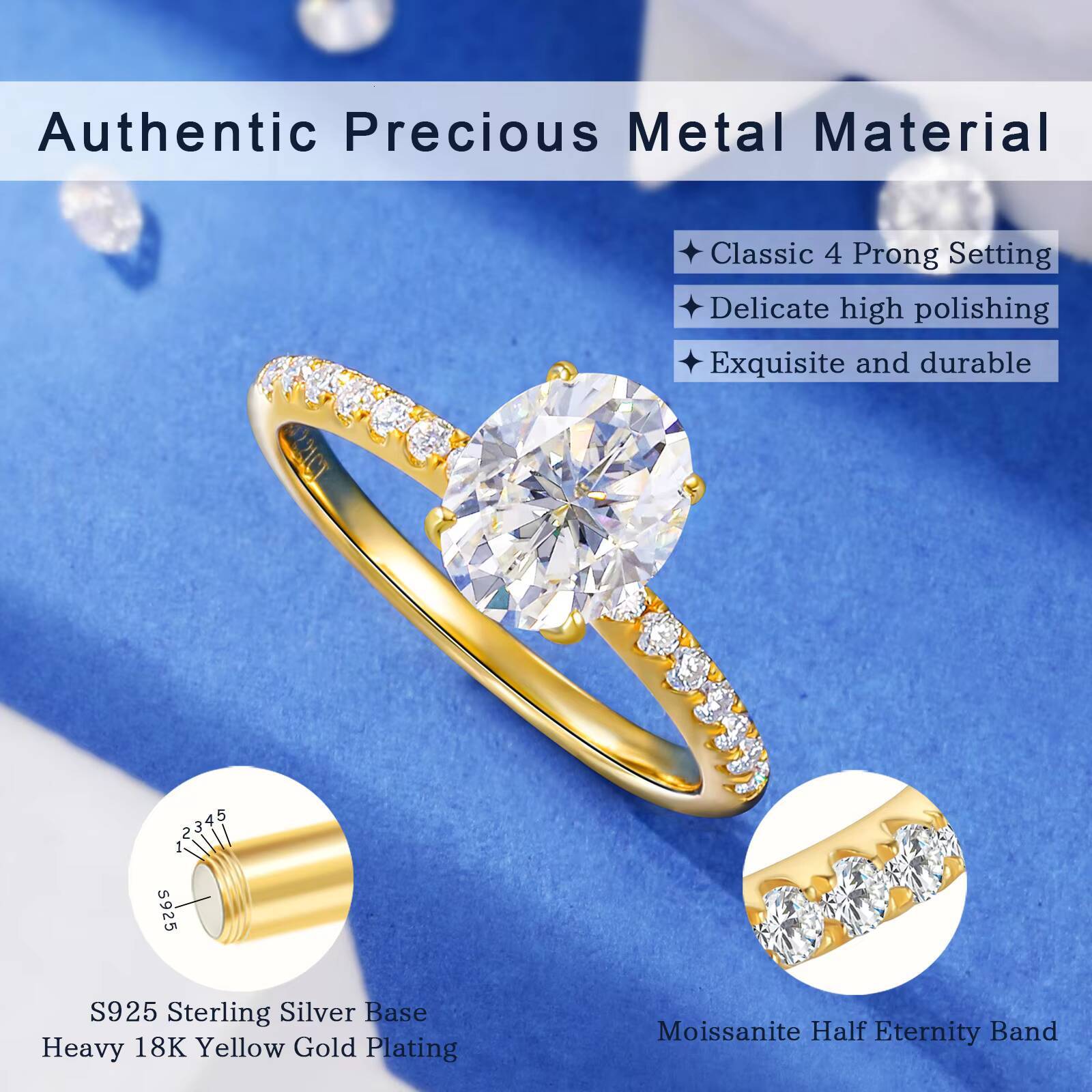 Fashion 15ct-2ct Moissanite Luxury Wedding Jewelry 925 Sterling Silver Oval Cut VVS Diamond Finger Ring for Women