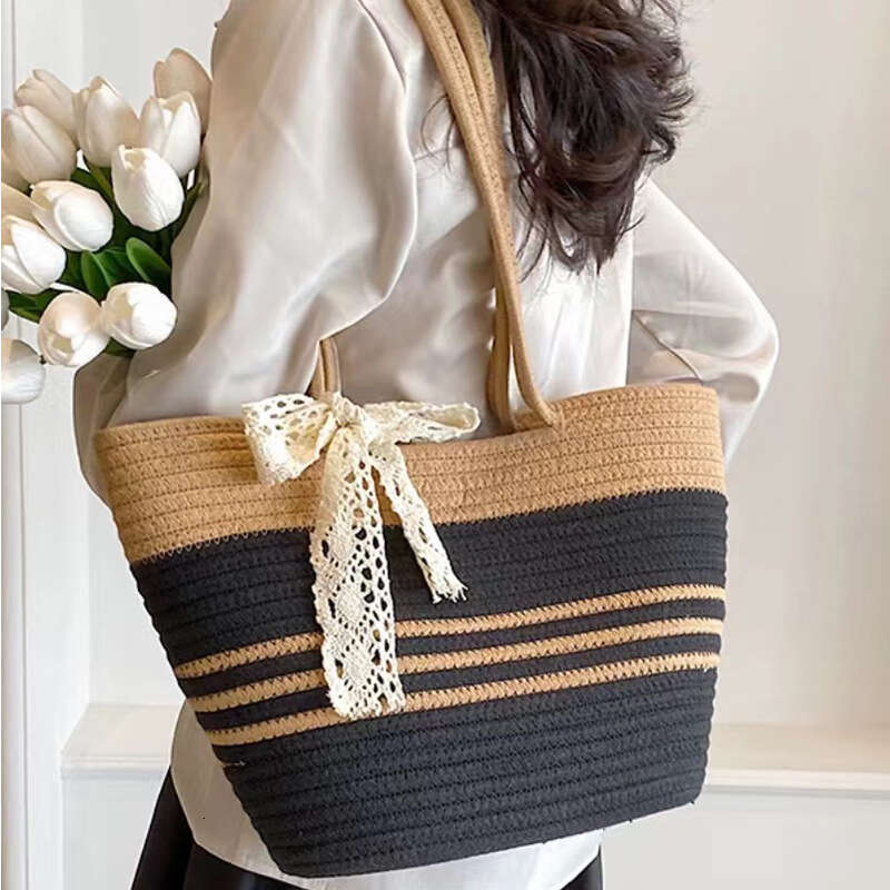 Handmade Beach Bag Large Capacity For Women 2025 Single Shoulder Cotton Thread Handheld Lace Straw Woven Color Blocked Beach Tote Bag Kq2