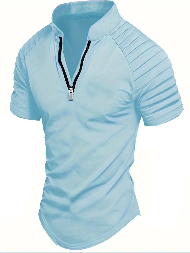 Summer fashion casual mens short sleeved polo shirt zipper pleated mens sports polo shirt