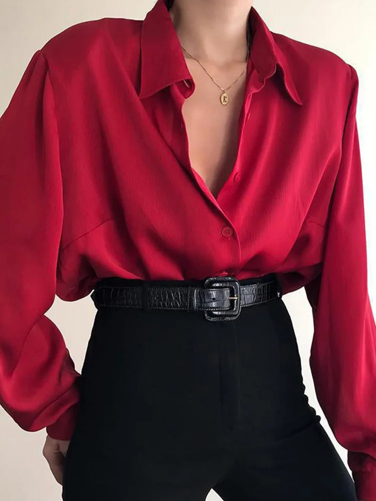 Women Button Blouses Turn Down Collar Shirts Office Lady Long Sleeve Casual Blouse Loose OL Shirt Baggy Tops RedWine Red Black 250415