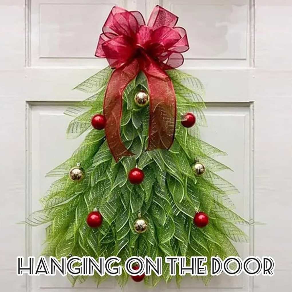 Christmas Tree Wreath for Front Door Hanging Ornament for Garden Room Christmas Tree Wreath With Red Bow Christmas DecorM251115