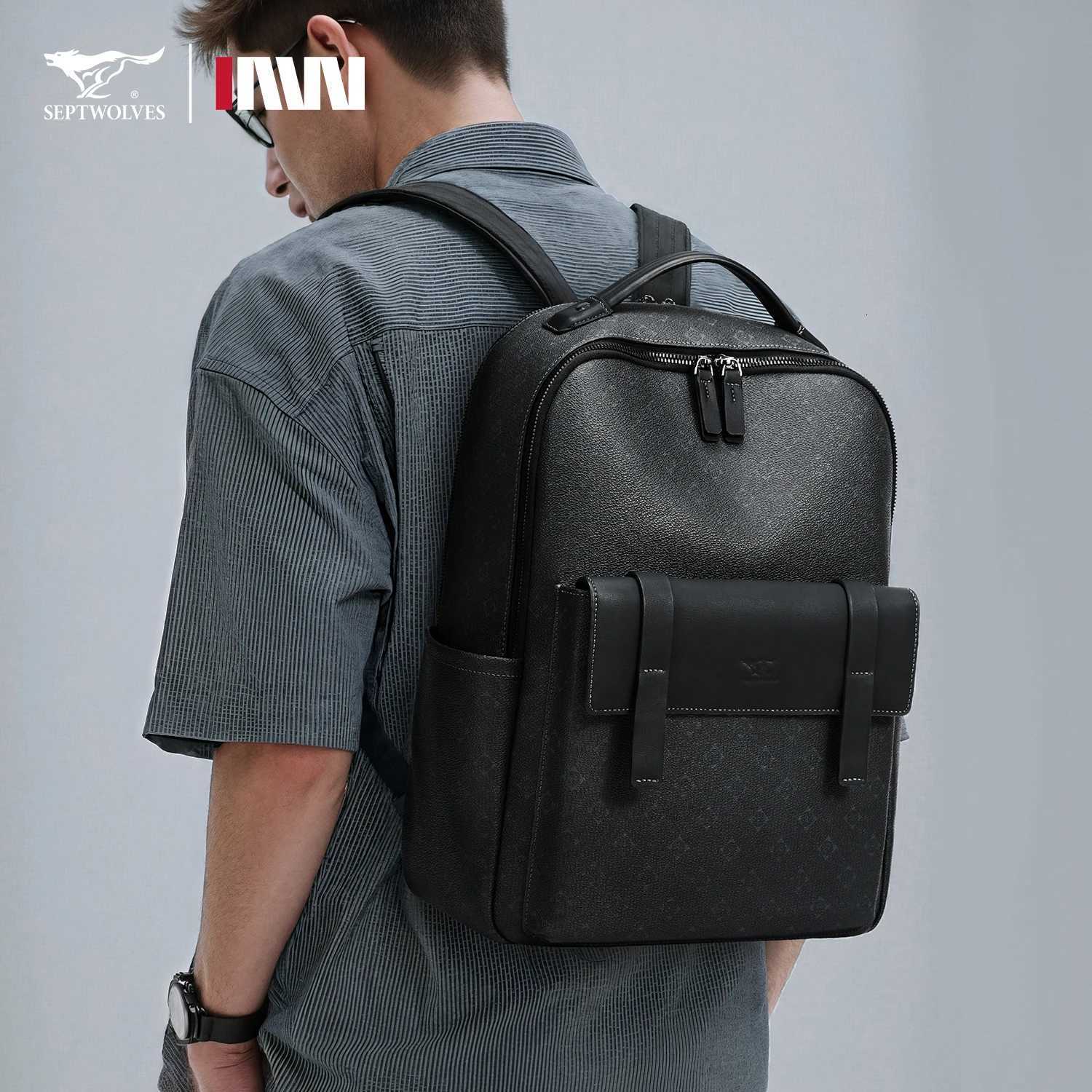 Septwolves Luxury Leather Backpack for Men Monogram Printed Stylish Laptop Backpack 15 Inch Travel Bag Black Business BackpackW251114