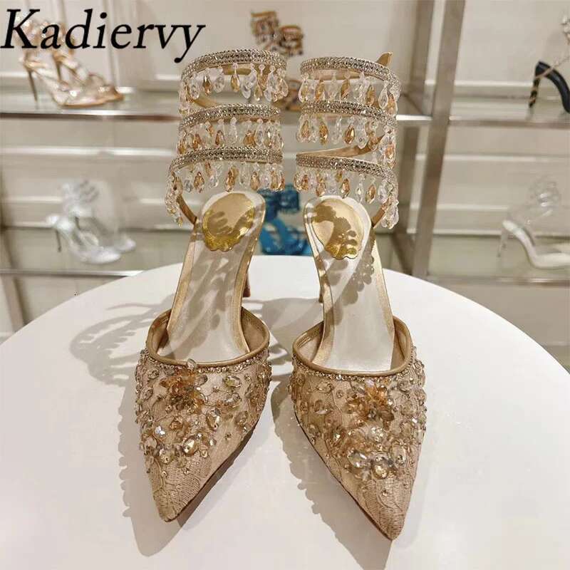 Summer High Heels Women Crystal Pendant Snake Twine Around Ankle Strap Party Shoes Pointed Toe Mesh Pumps Sandals Woman